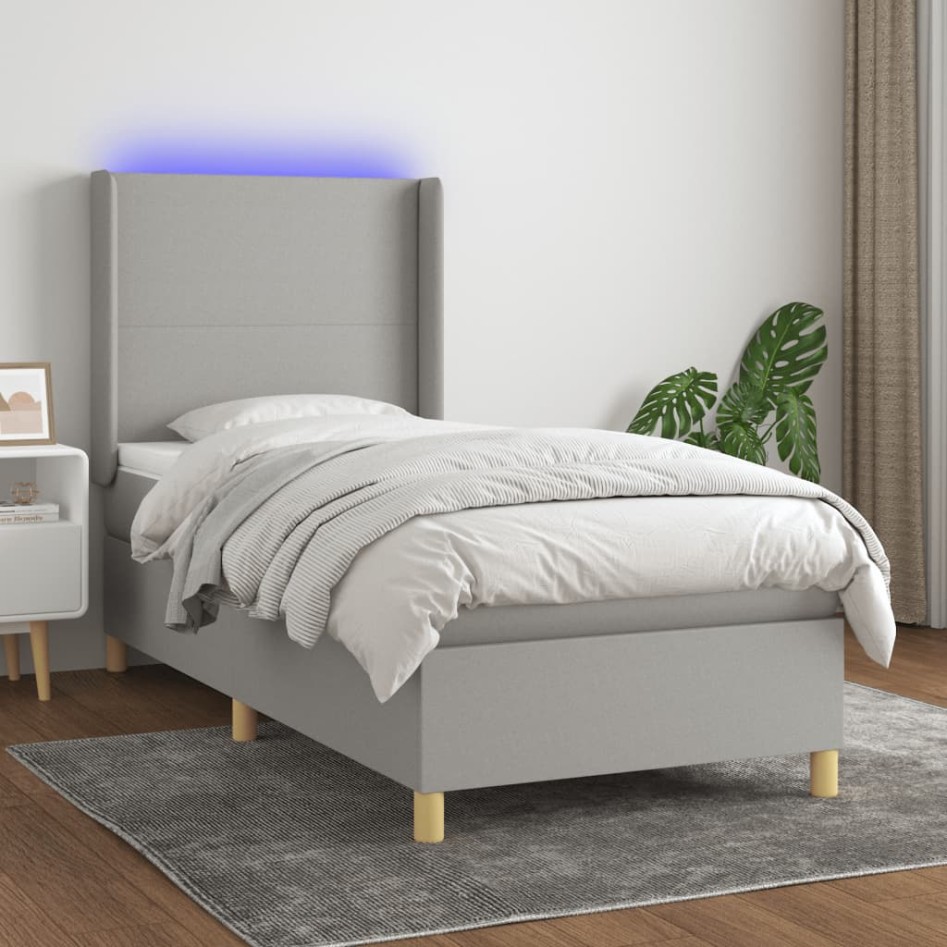 Cama box spring colchón y luces LED tela gris claro 100x200