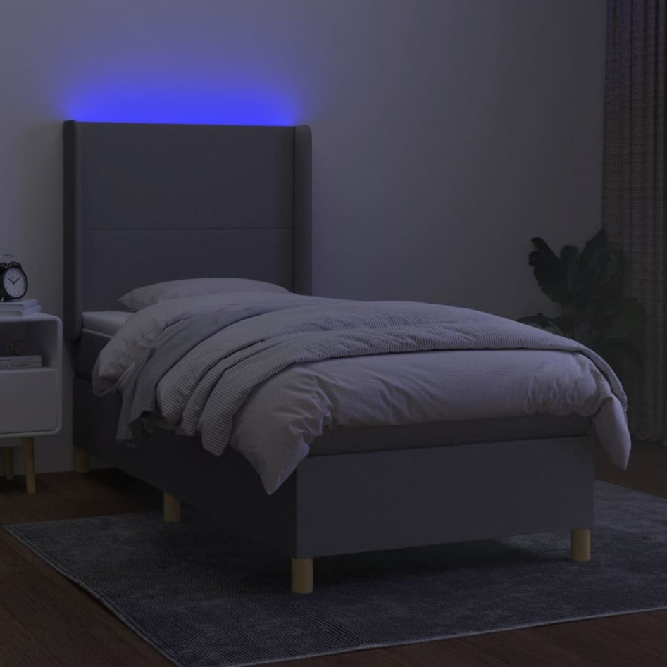 Cama box spring colchón y luces LED tela gris claro 100x200