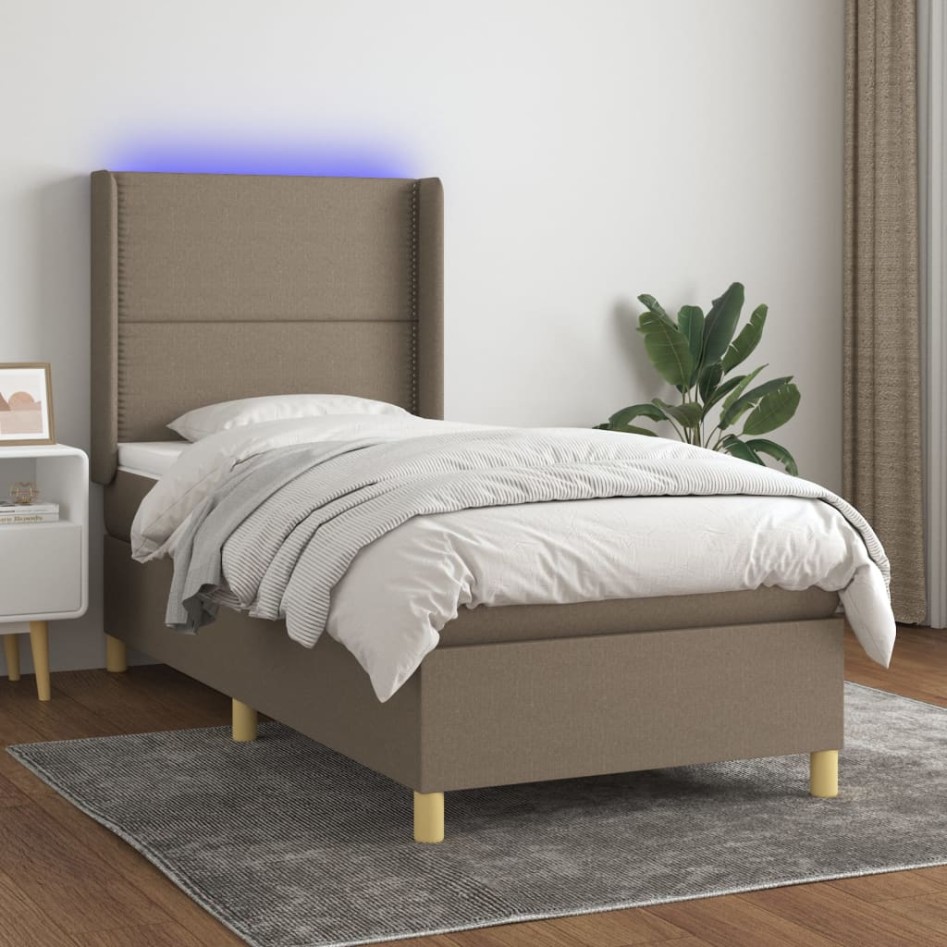 Cama box spring colchón y luces LED tela gris taupe 100x200