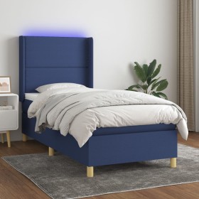 Cama box spring colchón y luces LED tela azul 90x190