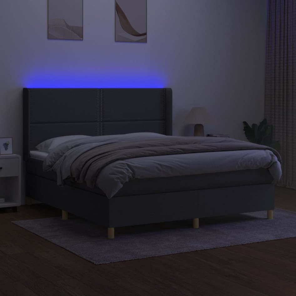 Cama box spring colchón y luces LED tela gris oscuro 160x200
