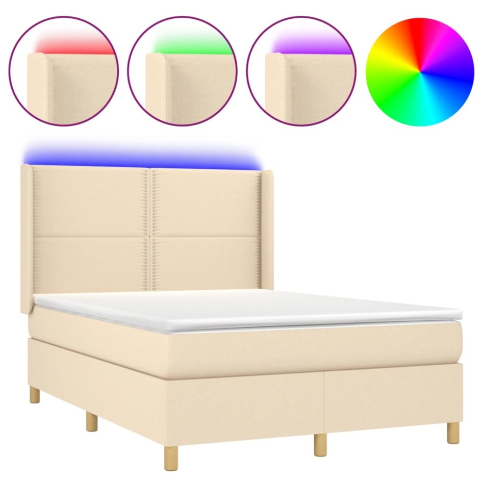 Cama box spring colchón y luces LED tela crema 140x190