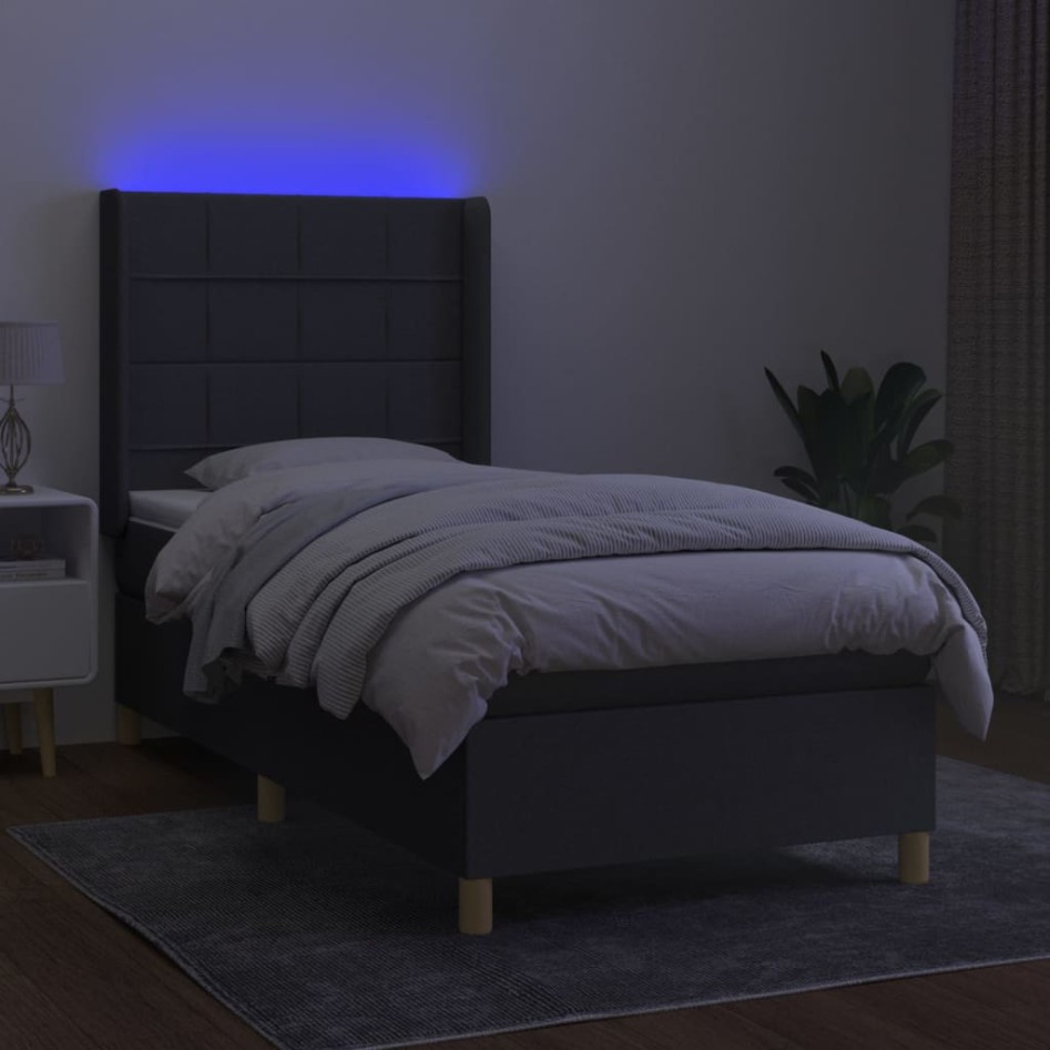 Cama box spring colchón y luces LED tela gris oscuro 90x190
