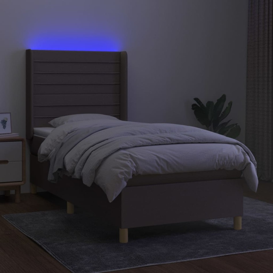 Cama box spring colchón y luces LED tela gris taupe 90x200