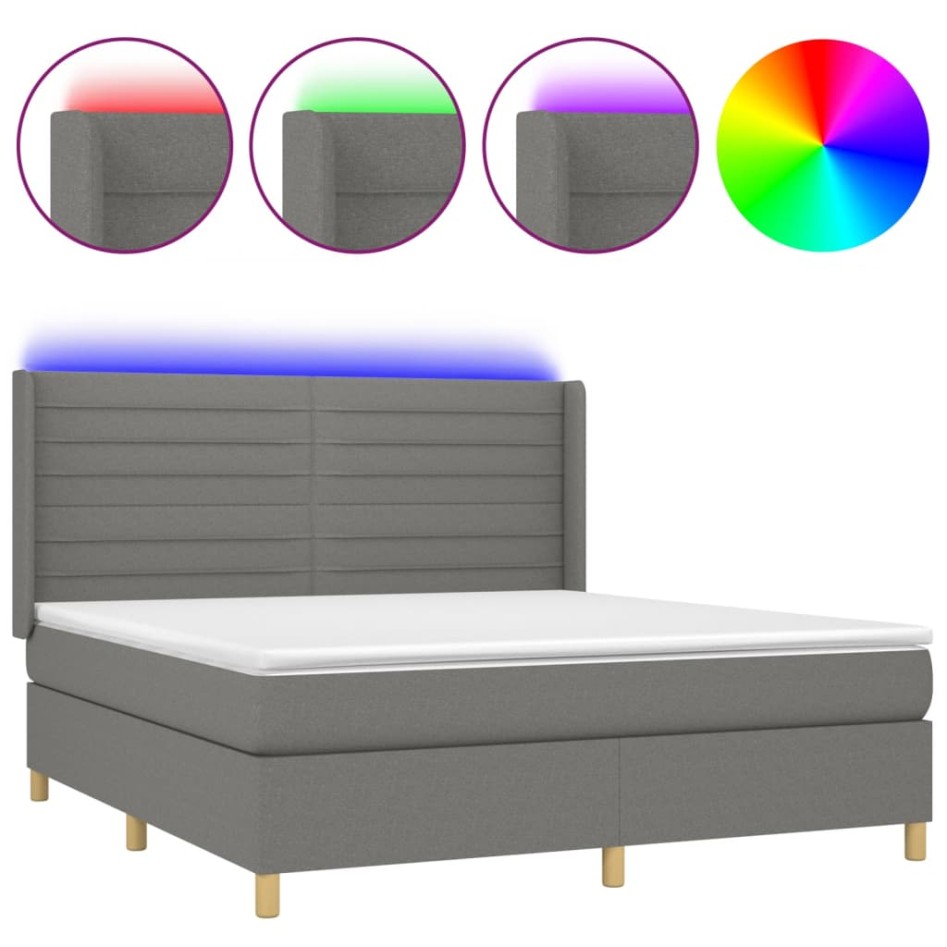 Cama box spring colchón y luces LED tela gris oscuro 180x200