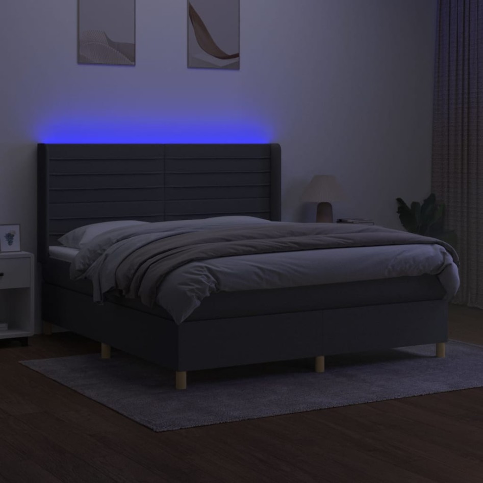 Cama box spring colchón y luces LED tela gris oscuro 180x200