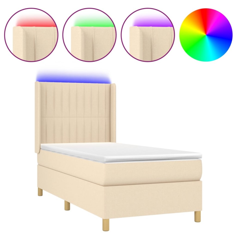 Cama box spring colchón y luces LED tela color crema 90x190