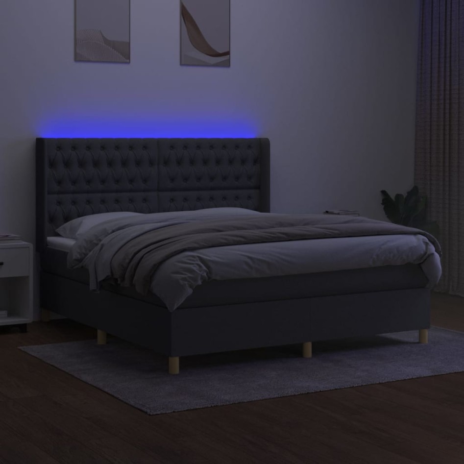 Cama box spring colchón y luces LED tela gris oscuro 160x200