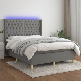 Cama box spring colchón y luces LED tela gris oscuro 140x200