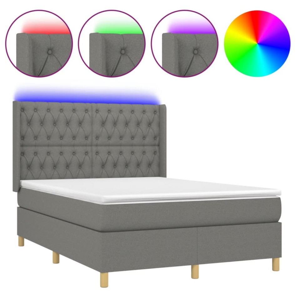 Cama box spring colchón y luces LED tela gris oscuro 140x200