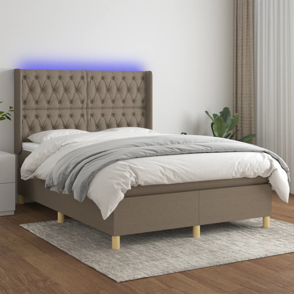 Cama box spring colchón y luces LED tela gris taupe 140x190