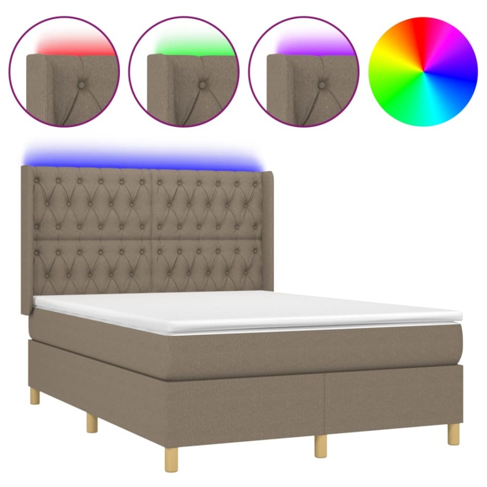 Cama box spring colchón y luces LED tela gris taupe 140x190