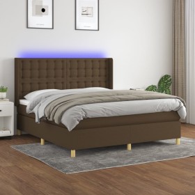 Cama box spring colchón luces LED tela marrón oscuro