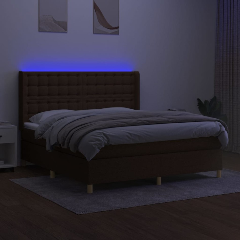 Cama box spring colchón luces LED tela marrón oscuro