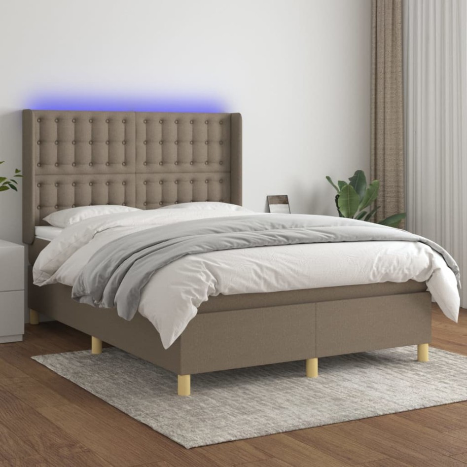 Cama box spring colchón y luces LED tela gris taupe 140x190