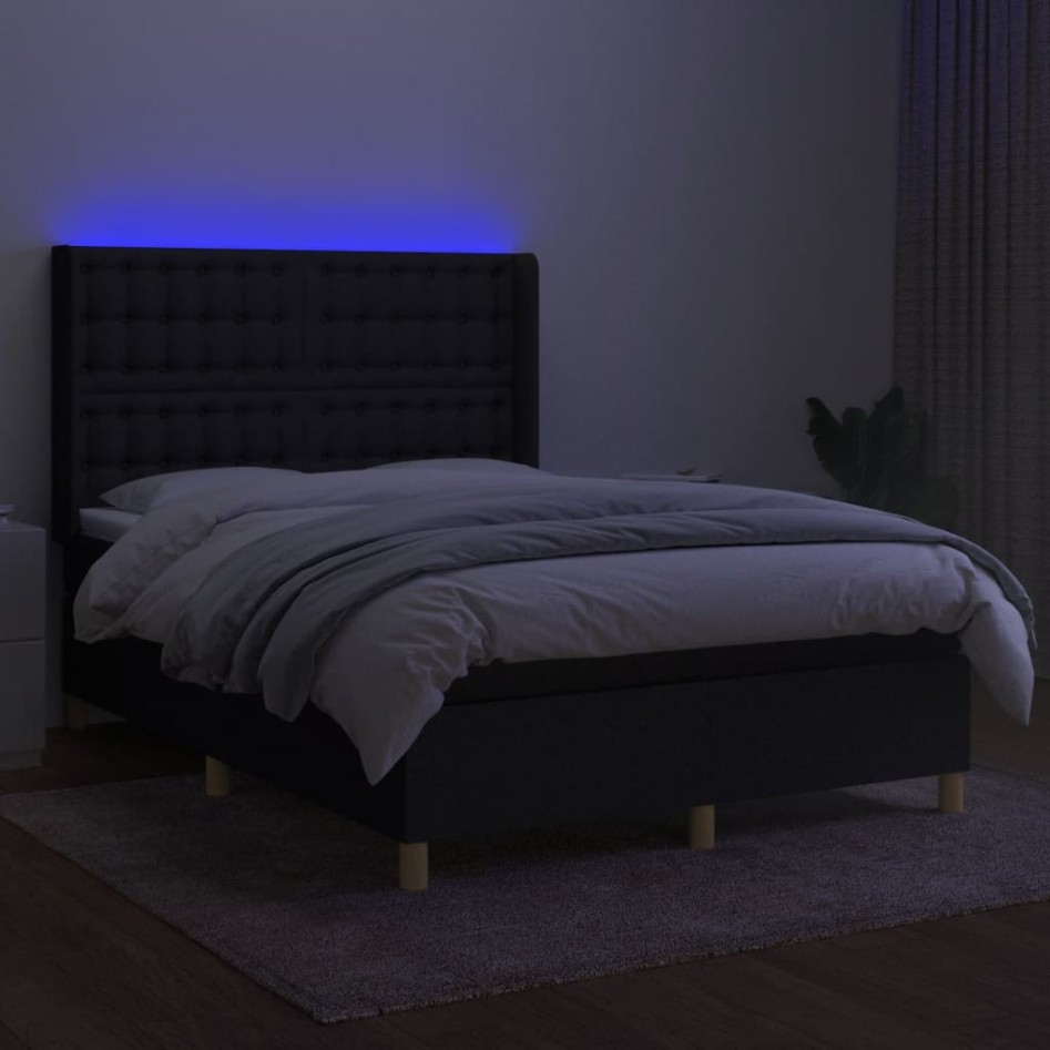 Cama box spring colchón y luces LED tela negro 140x190
