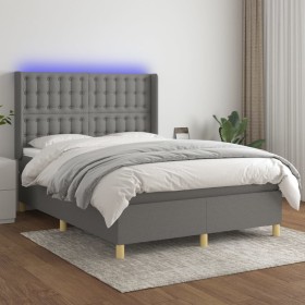 Cama box spring colchón y luces LED tela gris oscuro 140x200