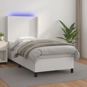 Cama box spring colchón y LED cuero sintético blanco 100x200