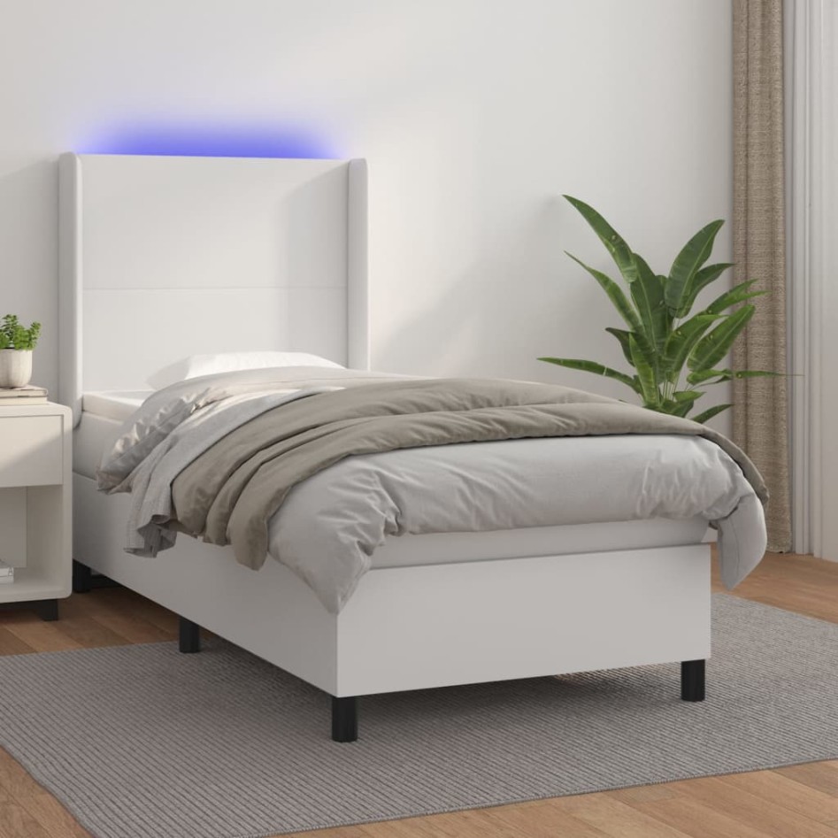 Cama box spring colchón y LED cuero sintético blanco 100x200
