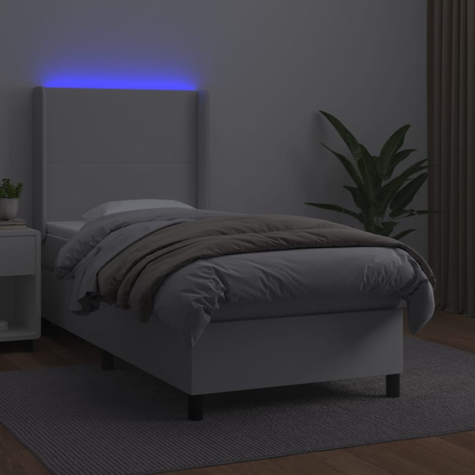 Cama box spring colchón y LED cuero sintético blanco 100x200