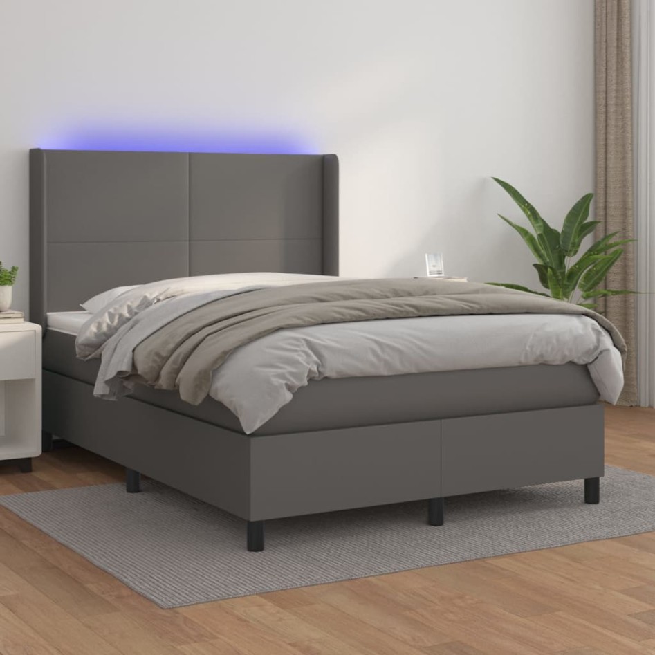 Cama box spring colchón y LED cuero sintético gris 140x200
