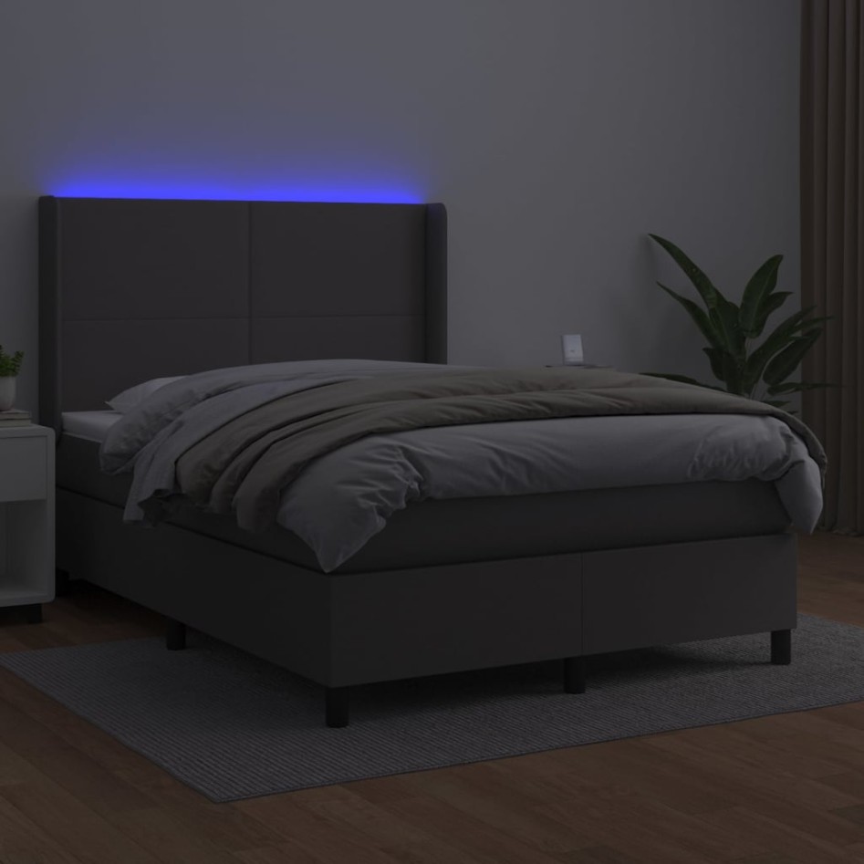 Cama box spring colchón y LED cuero sintético gris 140x200