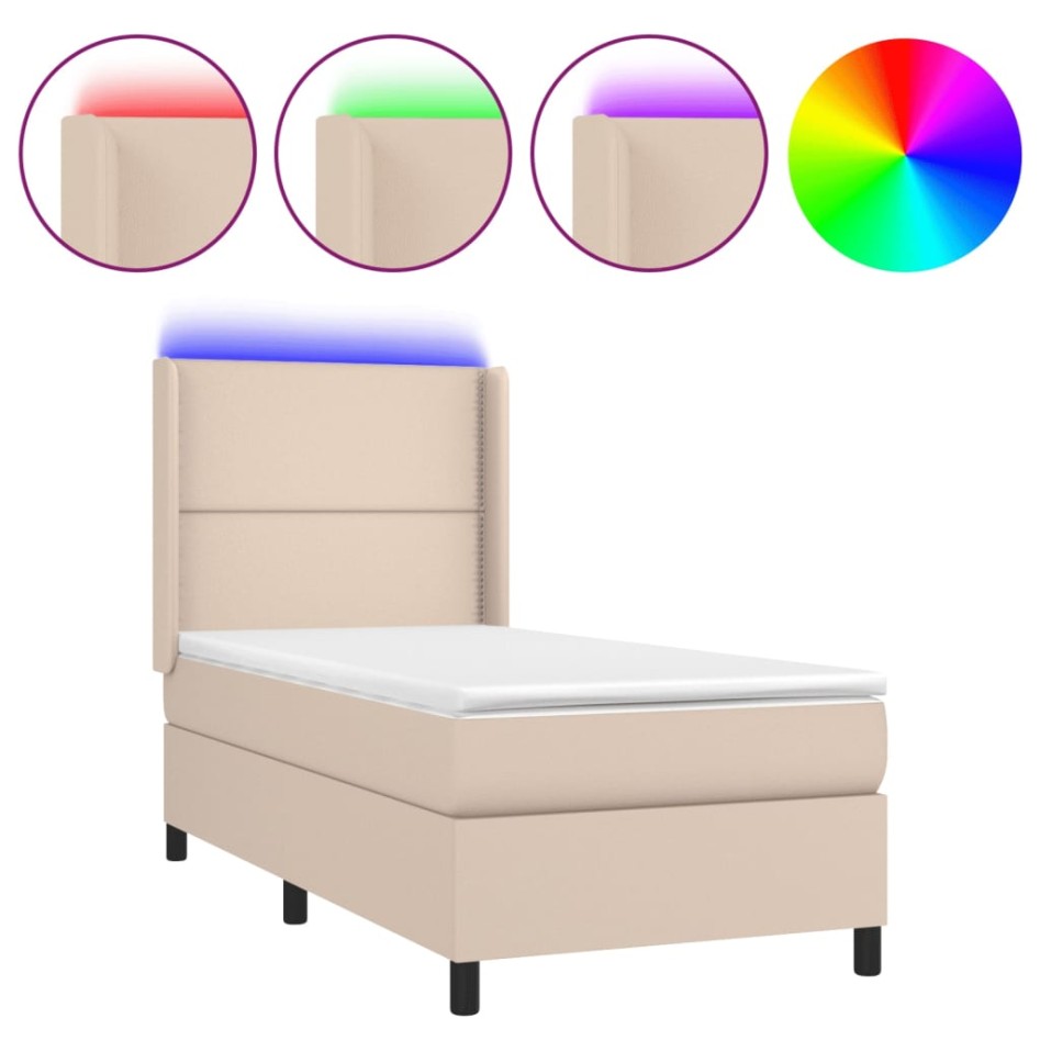 Cama box spring colchón LED cuero sintético capuchino