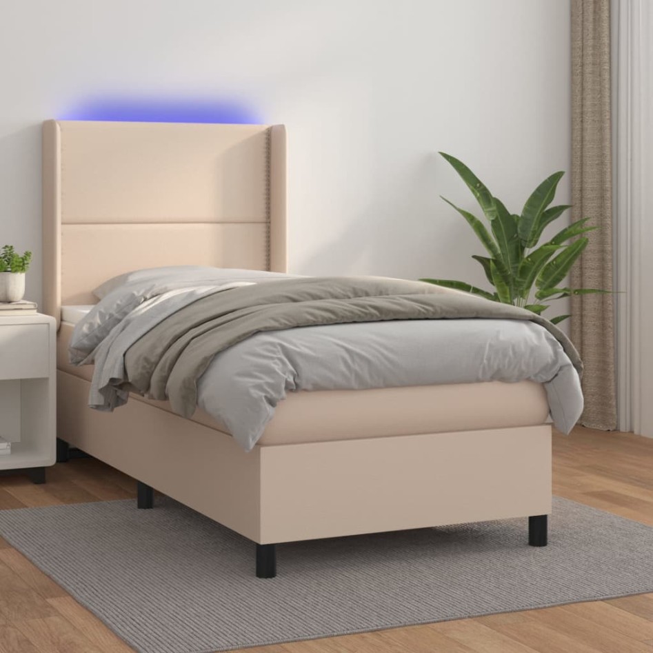 Cama box spring colchón LED cuero sintético capuchino 90x200