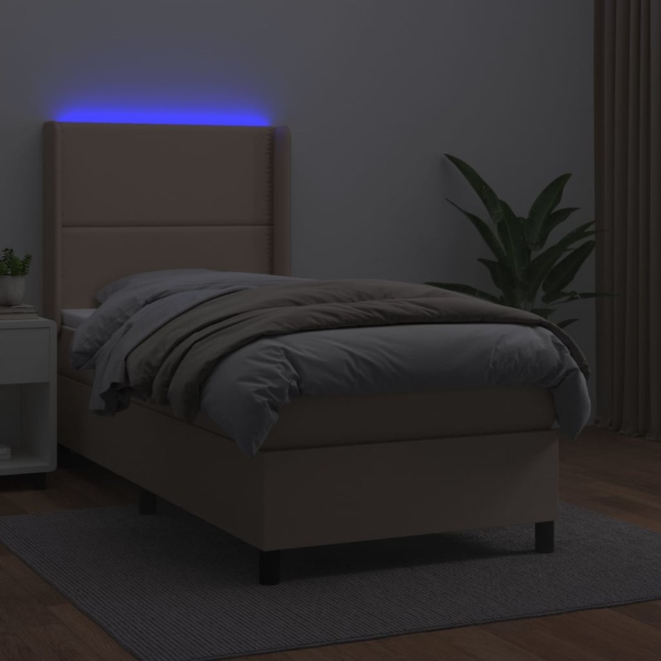 Cama box spring colchón LED cuero sintético capuchino 90x200