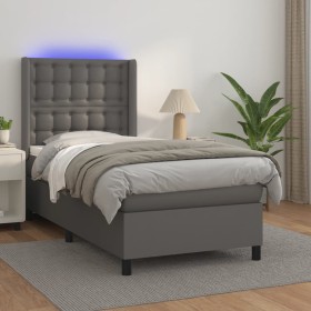 Cama box spring y colchón LED cuero sintético gris 90x200