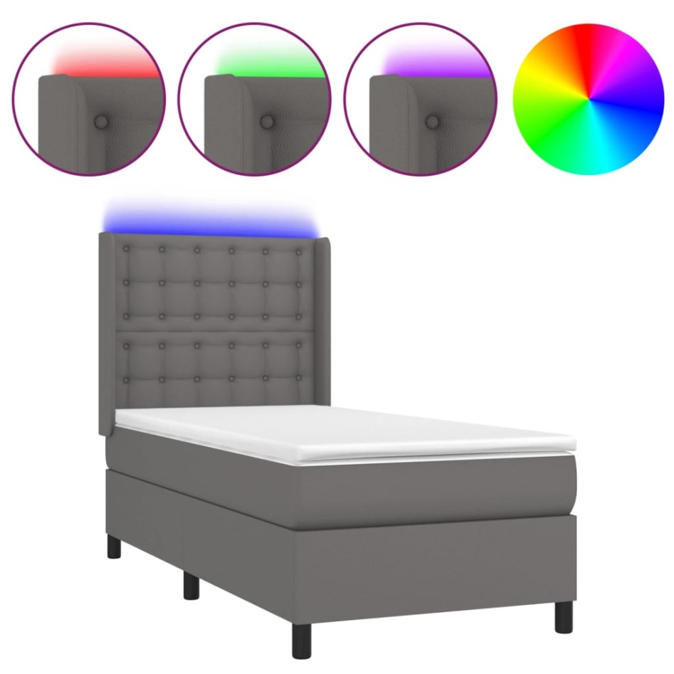 Cama box spring y colchón LED cuero sintético gris 90x200