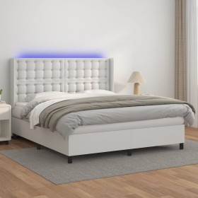Cama box spring colchón y LED cuero sintético blanco 160x200