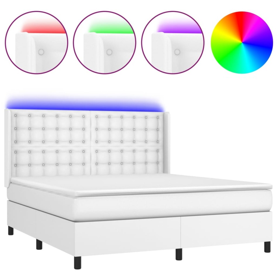 Cama box spring colchón y LED cuero sintético blanco 160x200