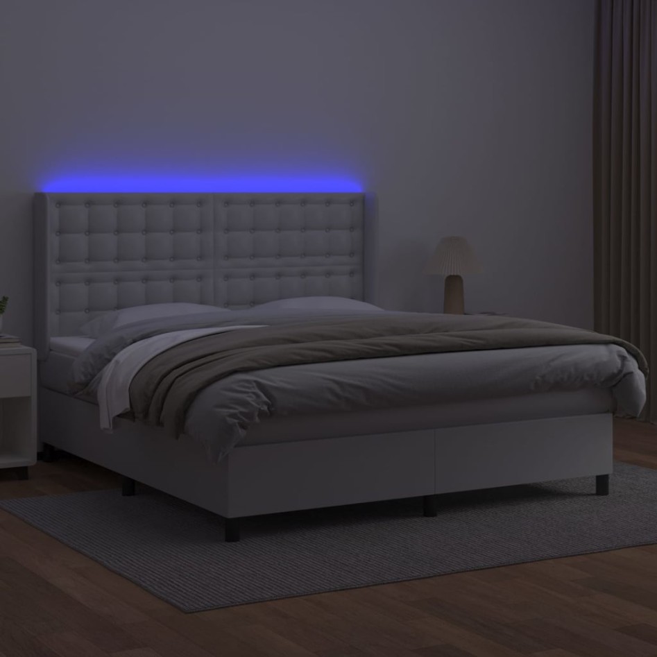Cama box spring colchón y LED cuero sintético blanco 160x200