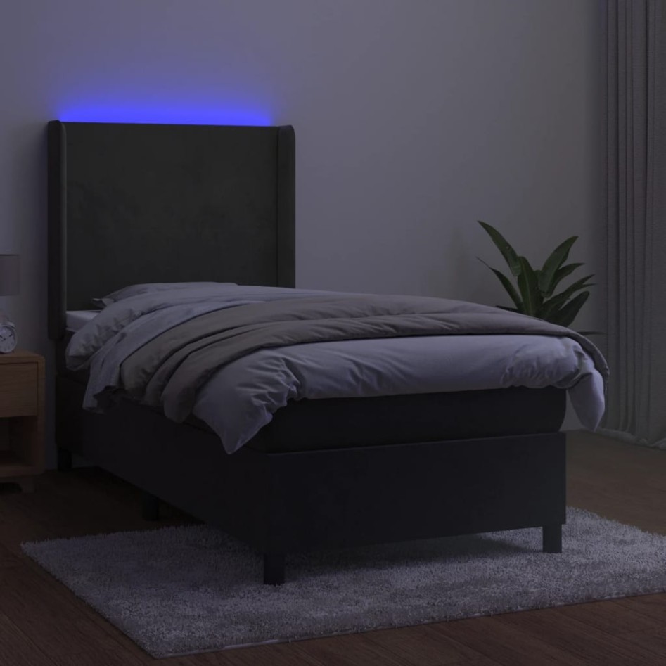 Cama box spring colchón y LED terciopelo gris oscuro 100x200