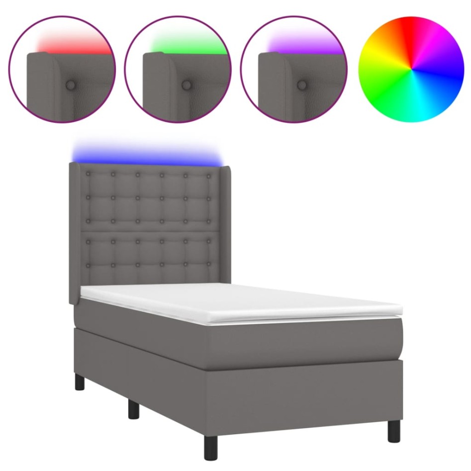 Cama box spring y colchón LED cuero sintético gris 90x190