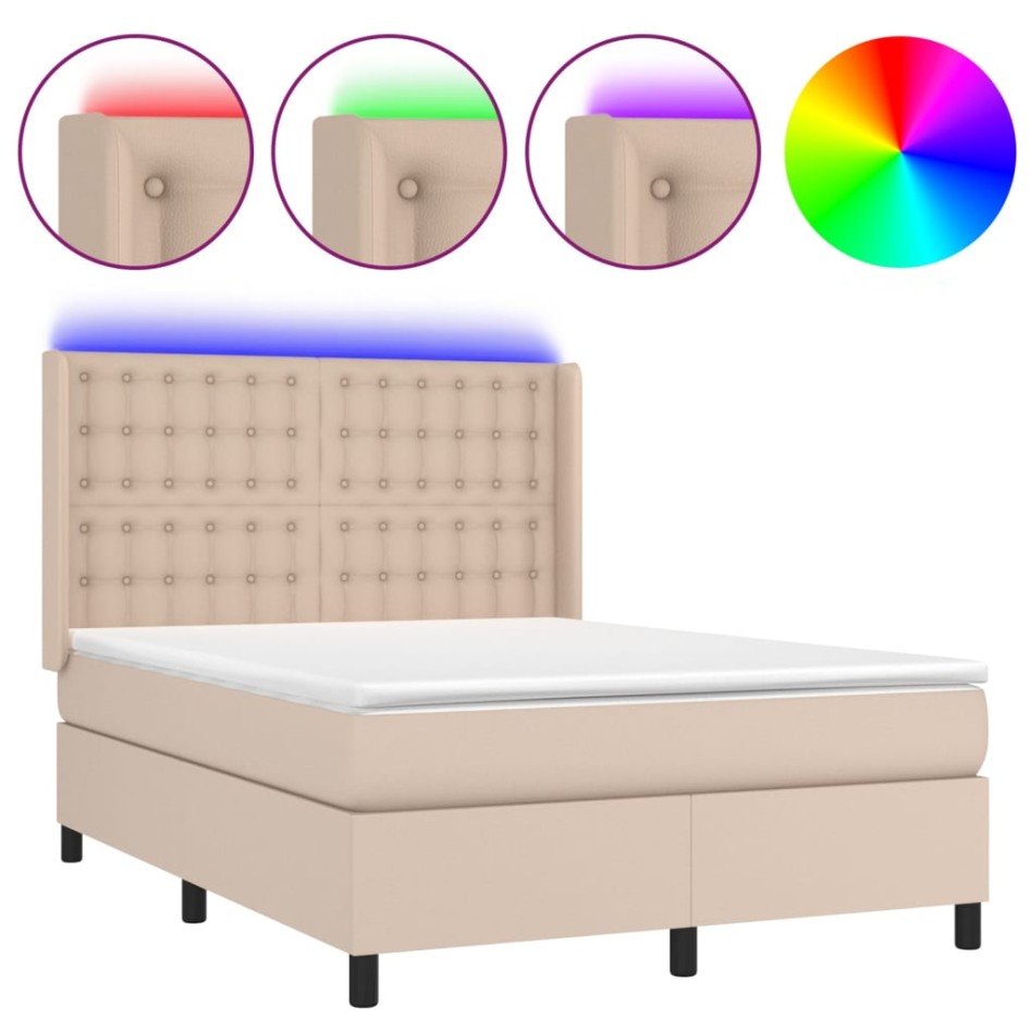 Cama box spring colchón LED cuero sintético capuchino