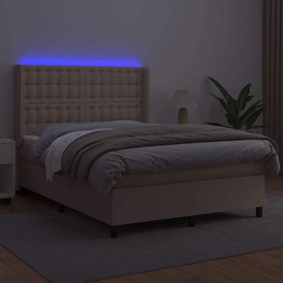 Cama box spring colchón LED cuero sintético capuchino