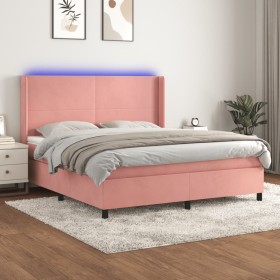 Cama box spring colchón y LED terciopelo rosa 160x200