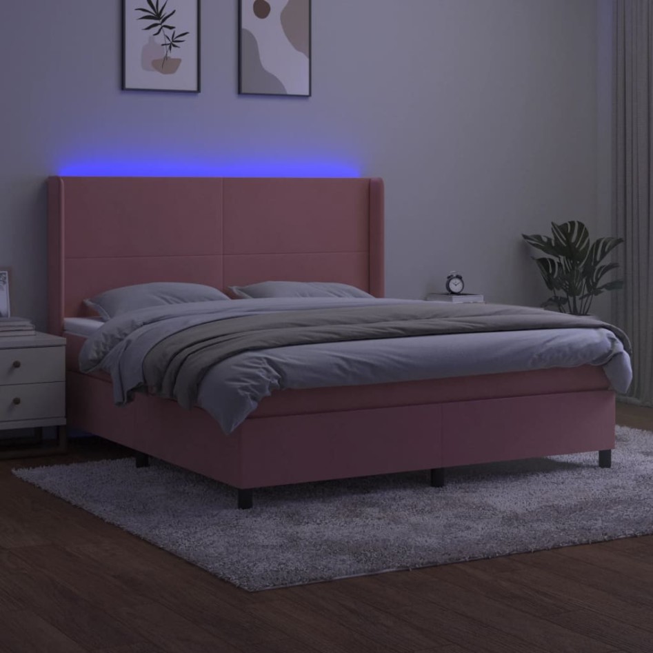 Cama box spring colchón y LED terciopelo rosa 160x200