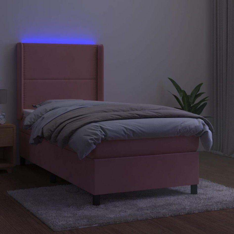 Cama box spring colchón y LED terciopelo rosa 90x190