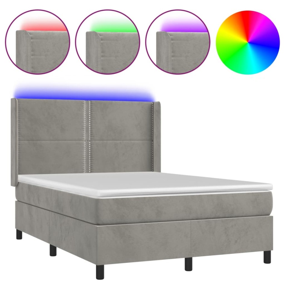 Cama box spring colchón y LED terciopelo gris claro 140x200