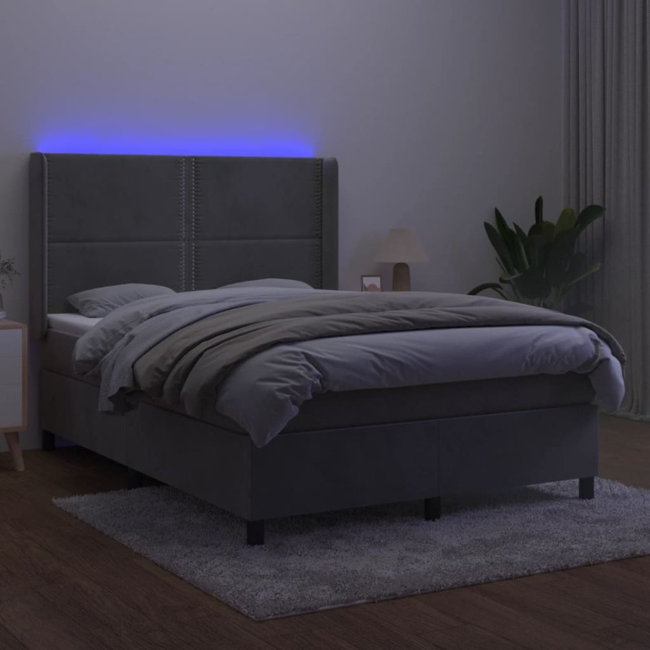 Cama box spring colchón y LED terciopelo gris claro 140x200