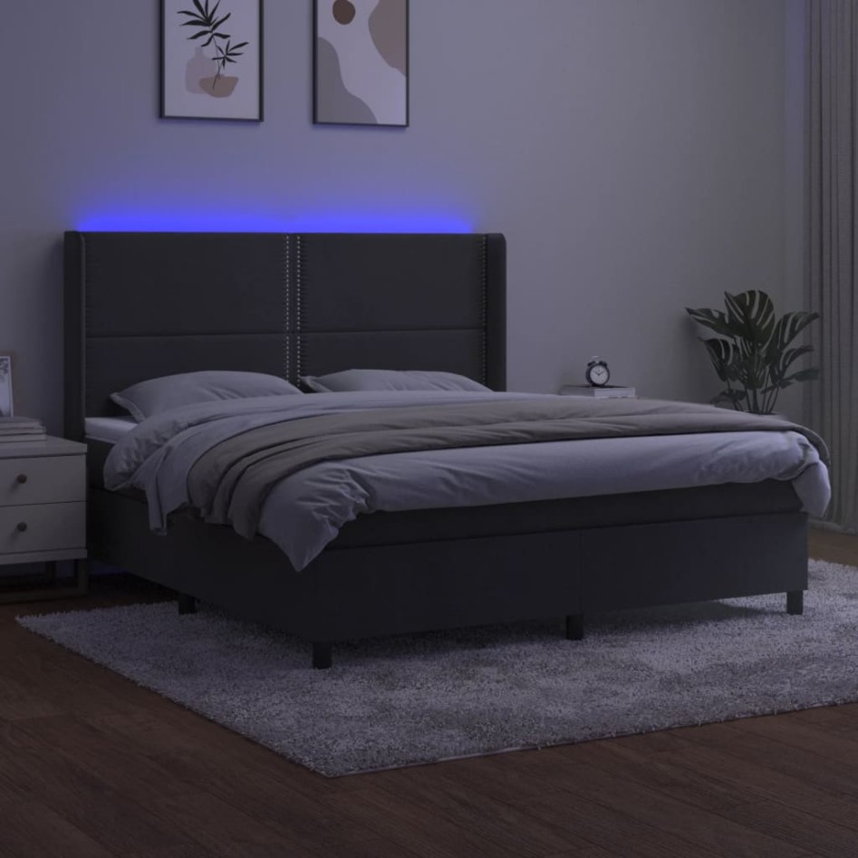 Cama box spring colchón y LED terciopelo gris oscuro 180x200