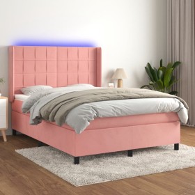 Cama box spring colchón y LED terciopelo rosa 140x200