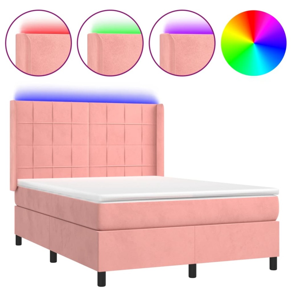 Cama box spring colchón y LED terciopelo rosa 140x200