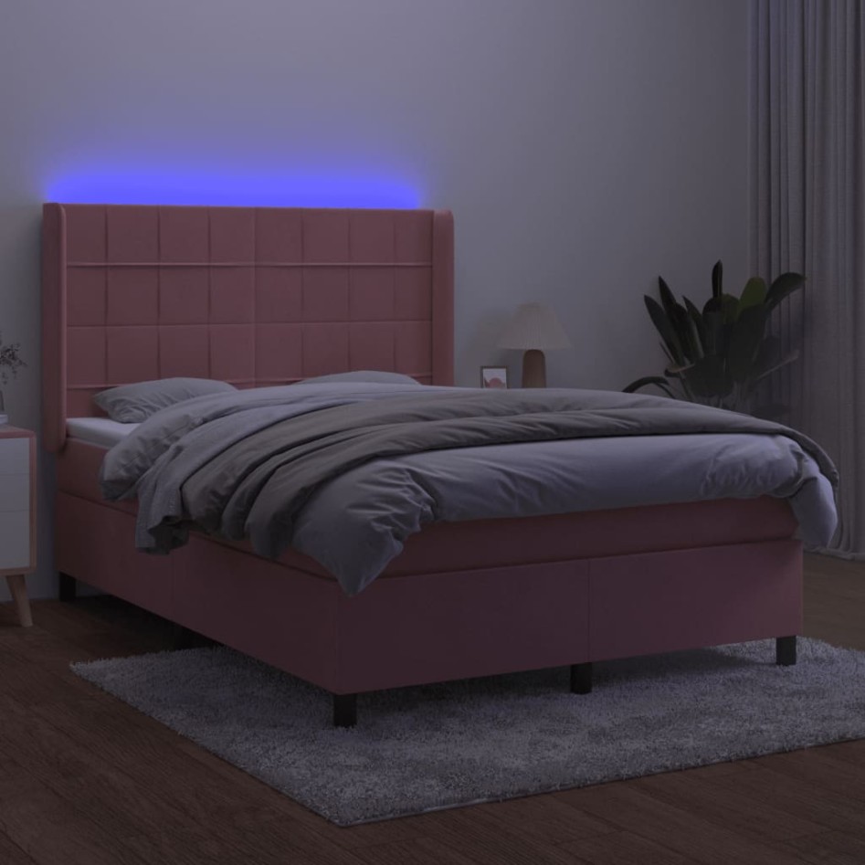 Cama box spring colchón y LED terciopelo rosa 140x200