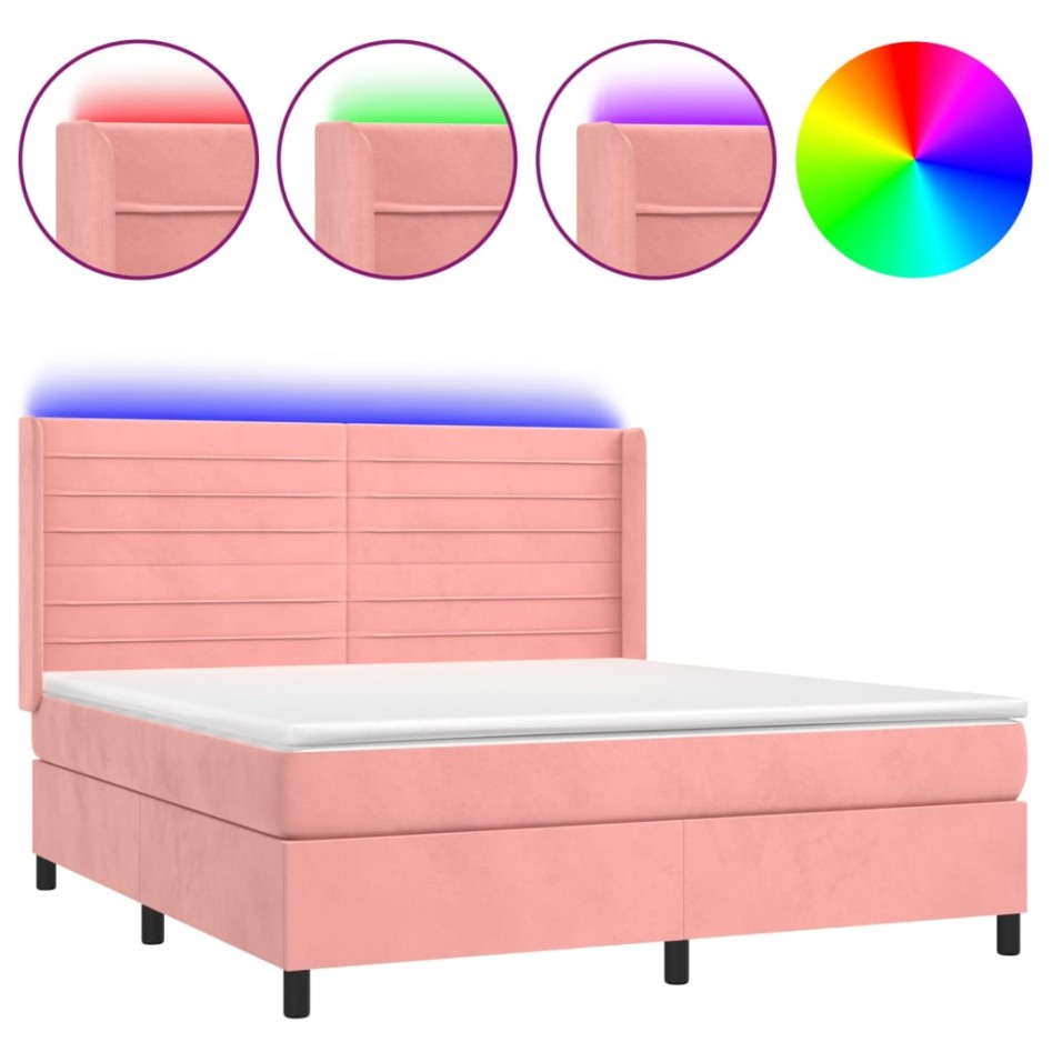 Cama box spring colchón y LED terciopelo rosa 160x200