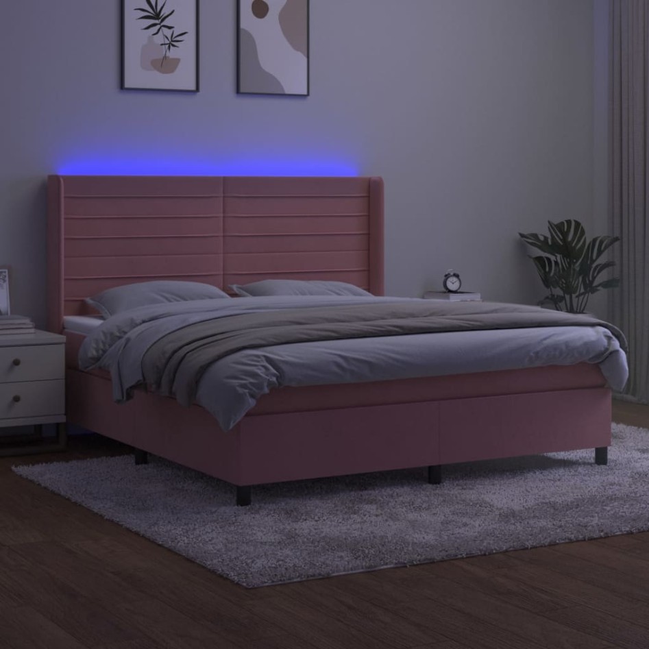 Cama box spring colchón y LED terciopelo rosa 160x200