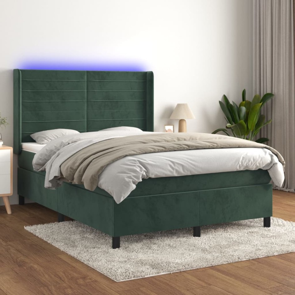 Cama box spring colchón y LED terciopelo verde oscuro